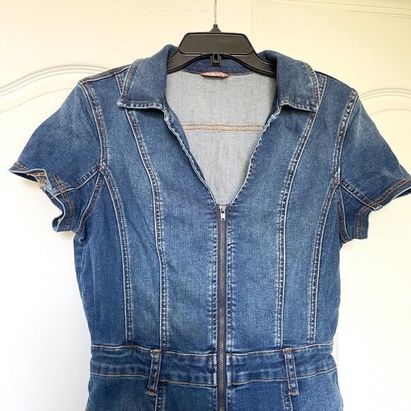 We the Free CRVY Dark Wash Denim Short Sleeve Zip Up Flare Jumpsuit - Picture 2 of 8